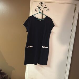 Navy blue dress with white pockets (design only)